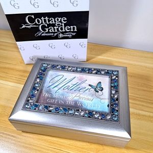 Cottage Garden Mother's Day Gift Music Jewelry Box Brushed Silver Blue Stones